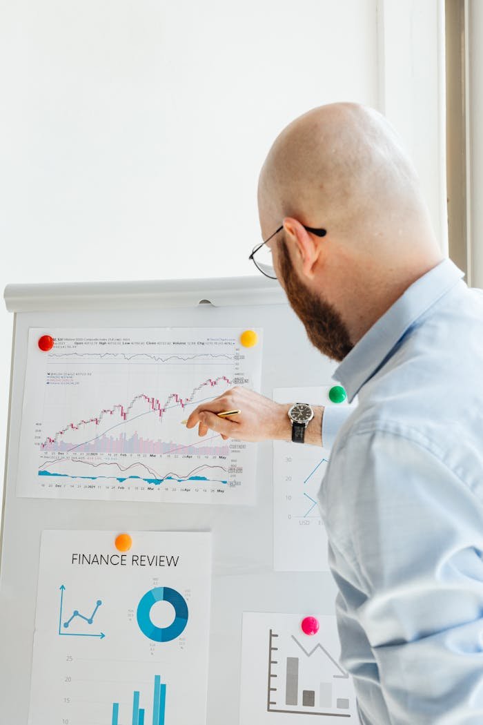 Services Professional discussing financial charts and graphs during a business presentation.